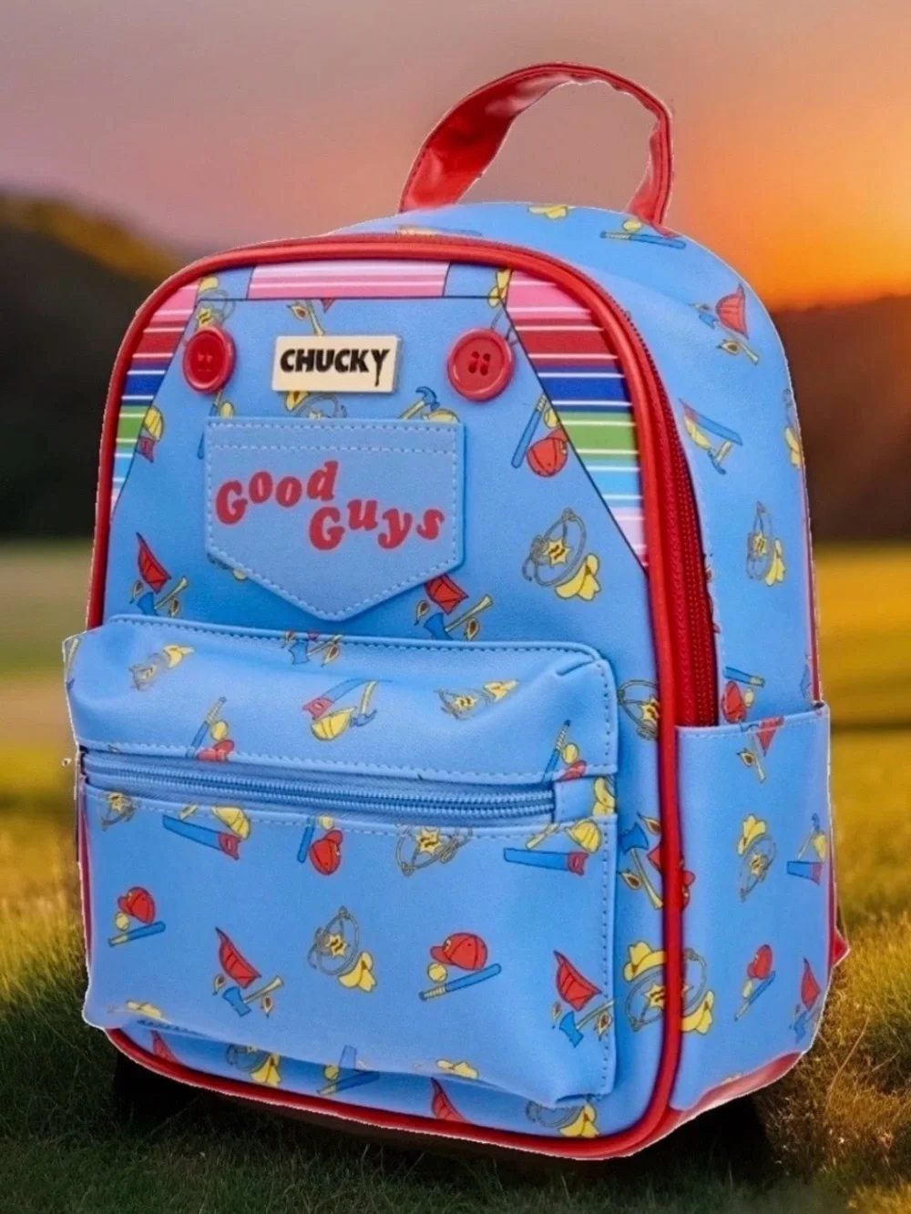 NEW w Tags Child’s Play Good Guys CHUCKY Horror Movie Denim Overalls Backpack